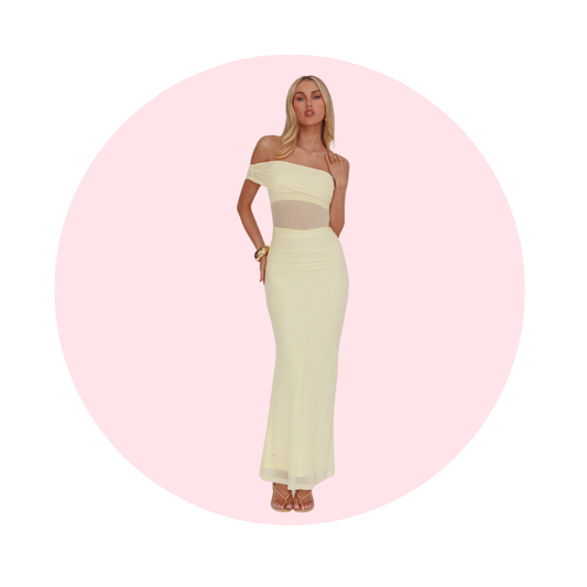 ONE SHOULDER SHEER WAIST MAXI DRESS